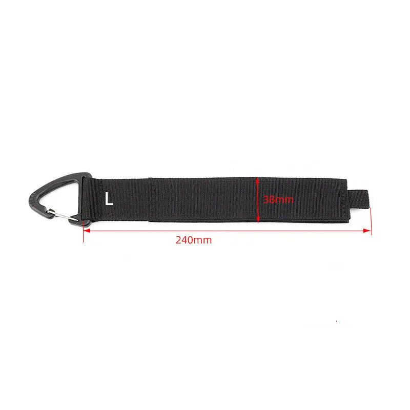 Black gravity strap with climbing button carabiner for storage organisation in three available sizes