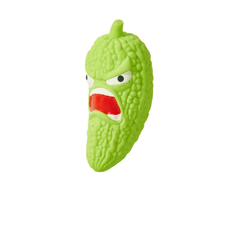 Bitter melon and chili shaped dog toy with textured teeth-cleaning surfaces and pet sound feature