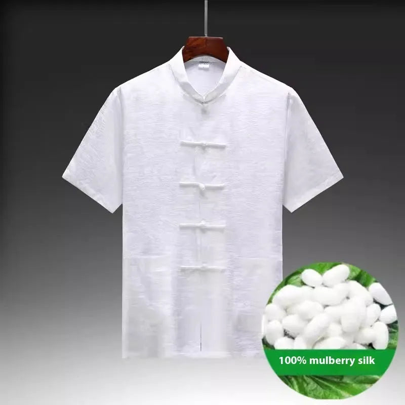 Men's mulberry silk Chinese Tang suit in light green, shown with traditional woven detailing.