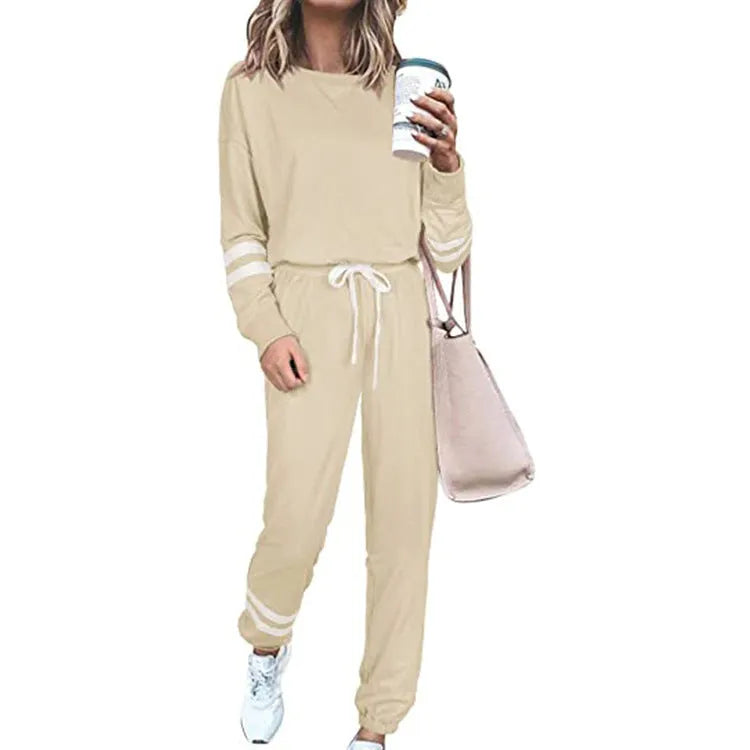 Women's loose fit solid color two-piece casual suit in apricot, black, and blue sizes S to 3XL