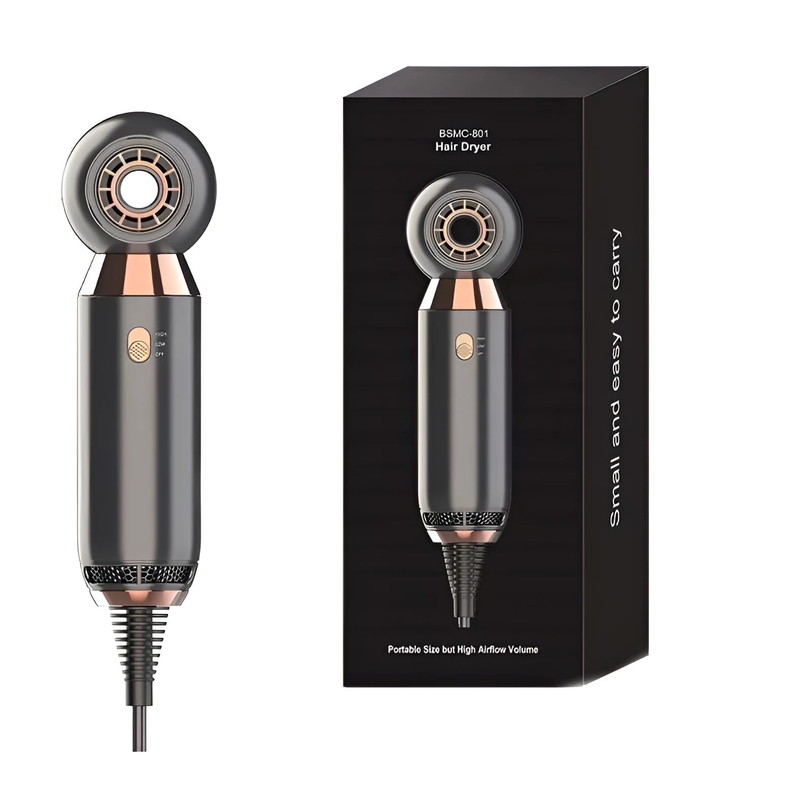 Compact white hair dryer with diffuser attachment showing 20cm length measurement