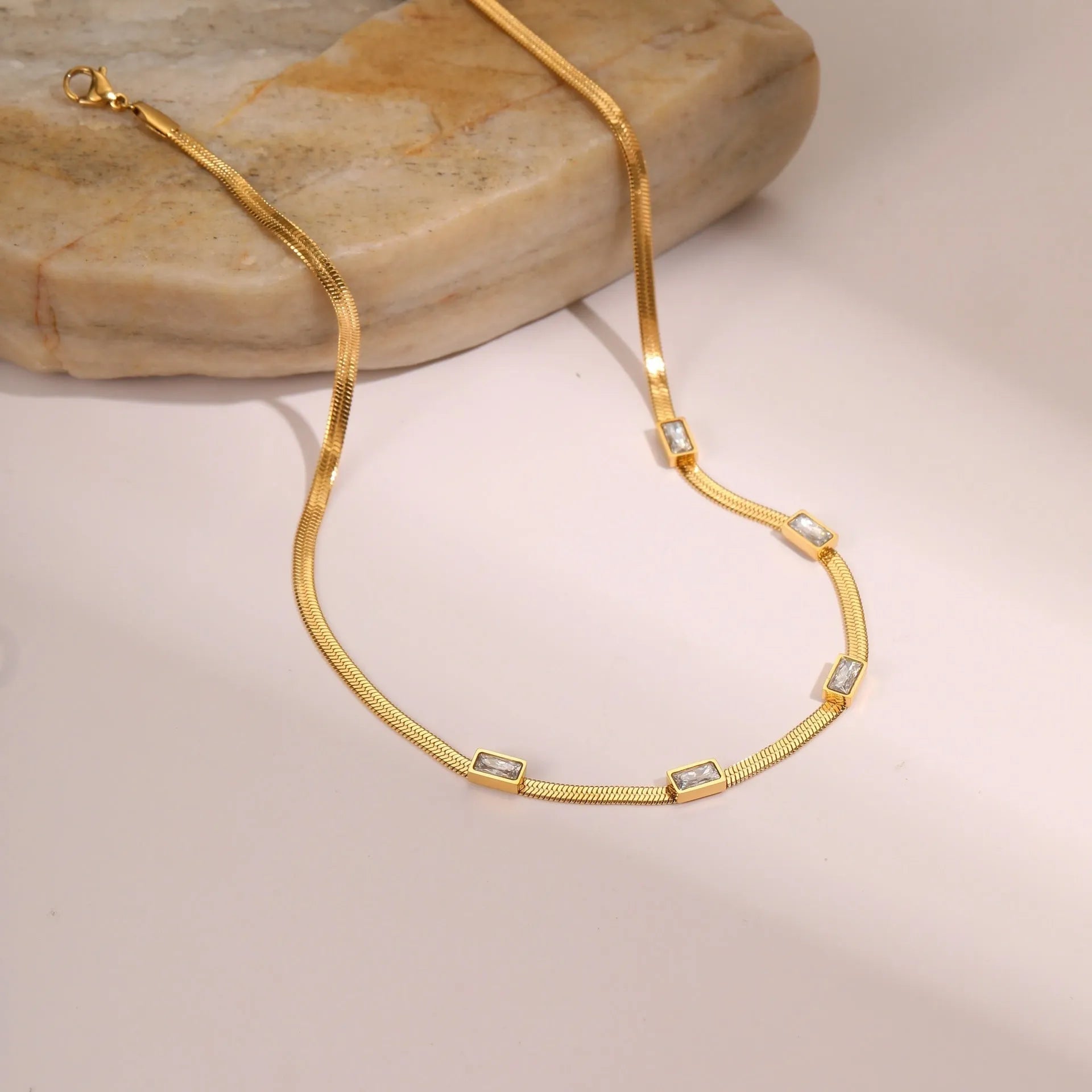 Geometric square zircon necklace with stainless steel flat snake chain in gold or steel colour