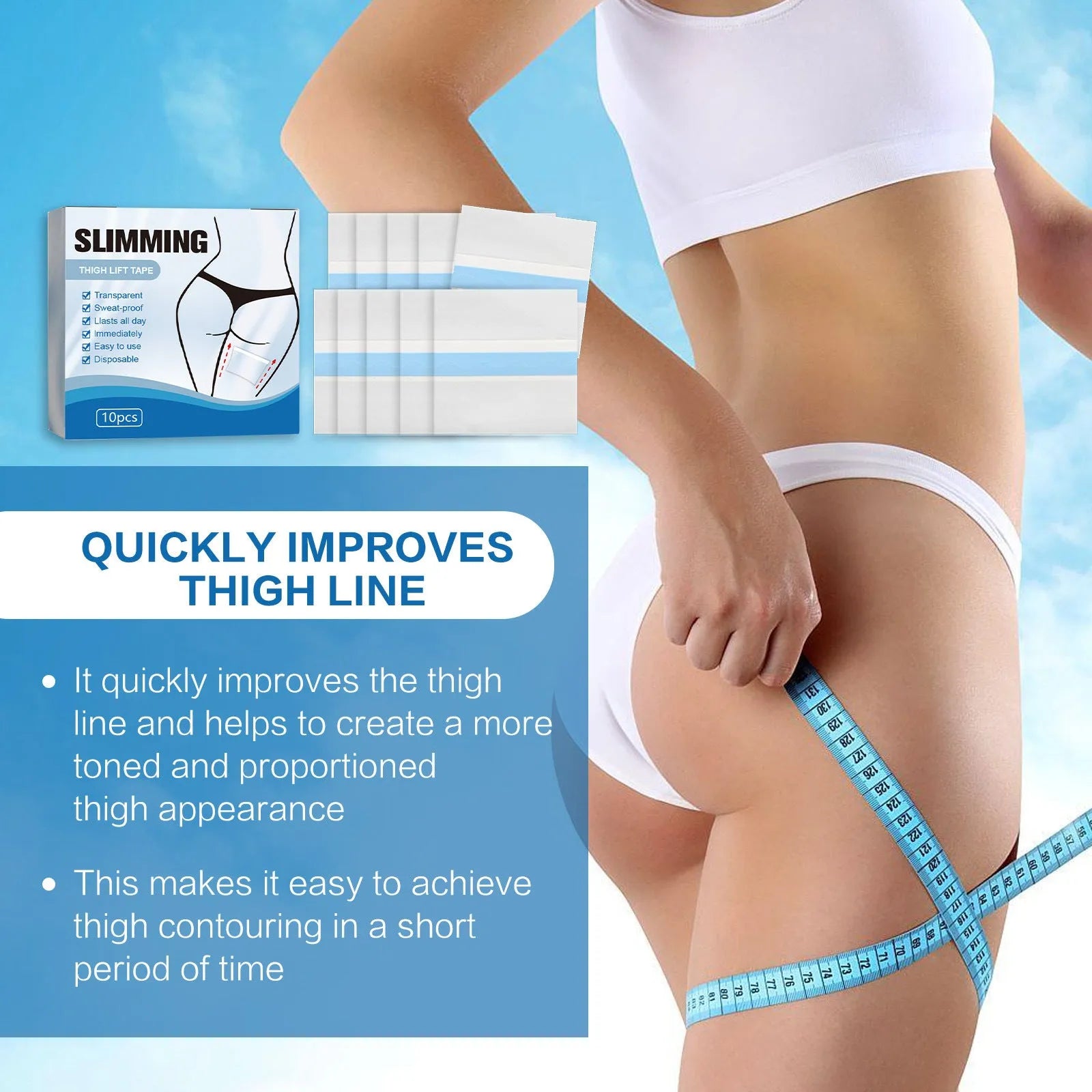 Box of 10 beige body shaping adhesive patches for skin tightening, each measuring 12 by 12 centimetres.