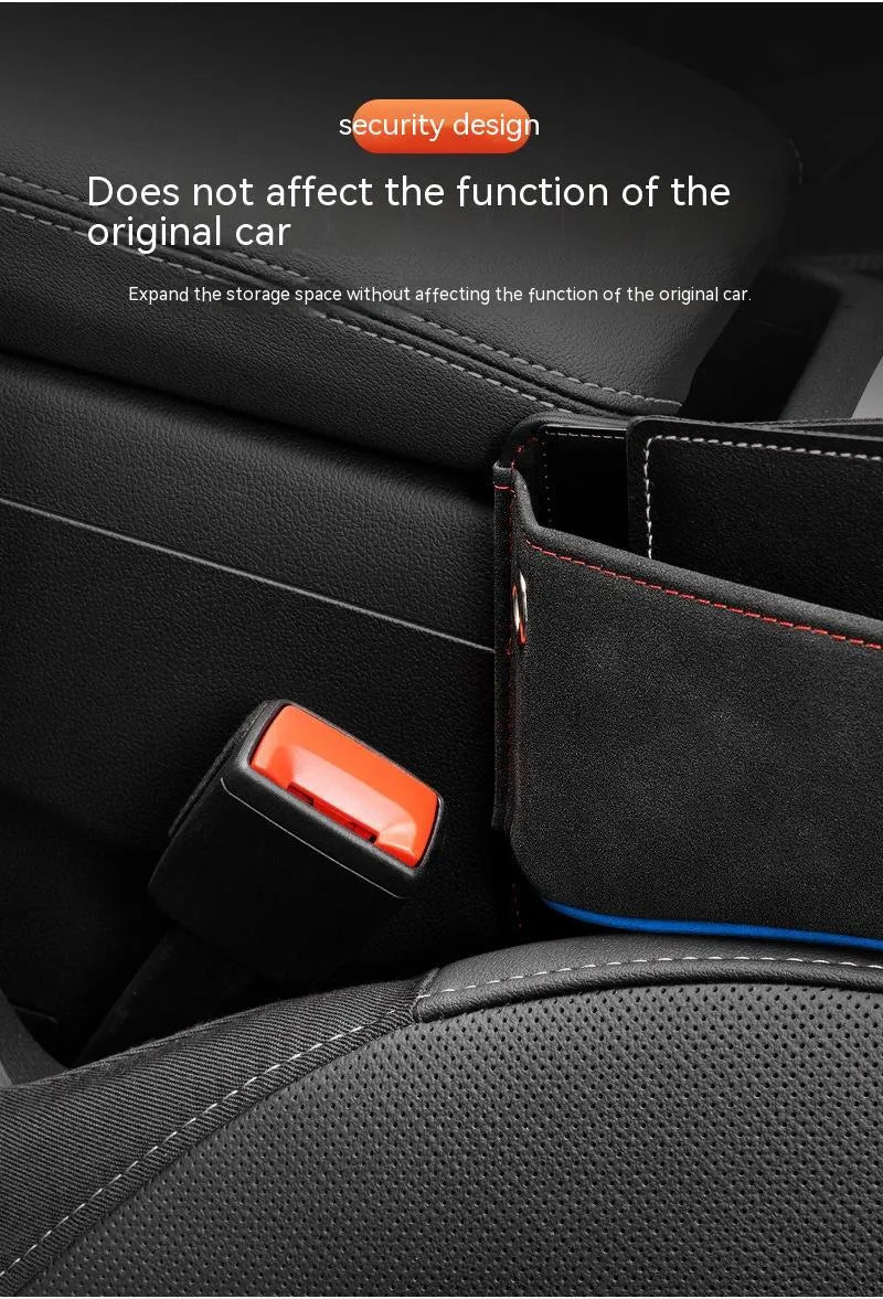 Leather car seat storage box in beige suede colour on a vehicle seat