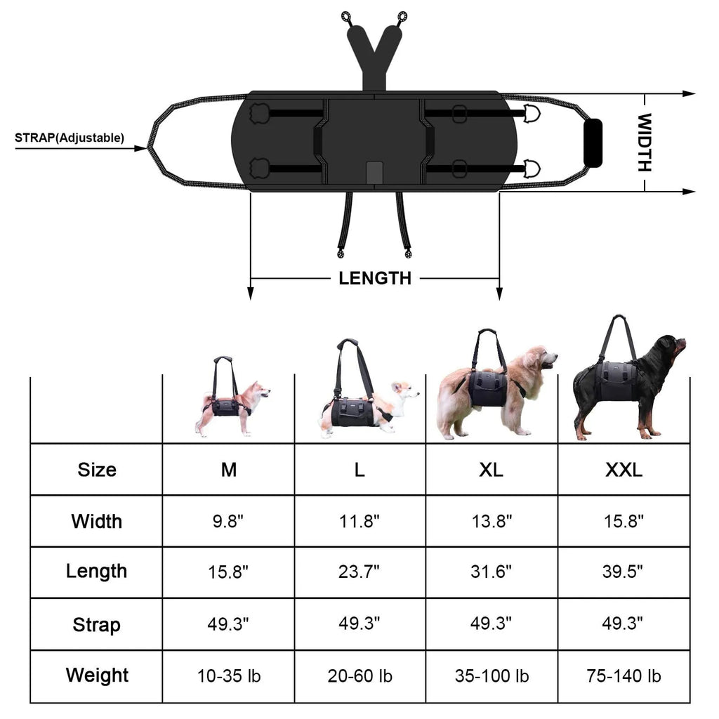 Black Oxford cloth dog harness with adjustable leg support straps for pet rehabilitation in sizes M to XXL