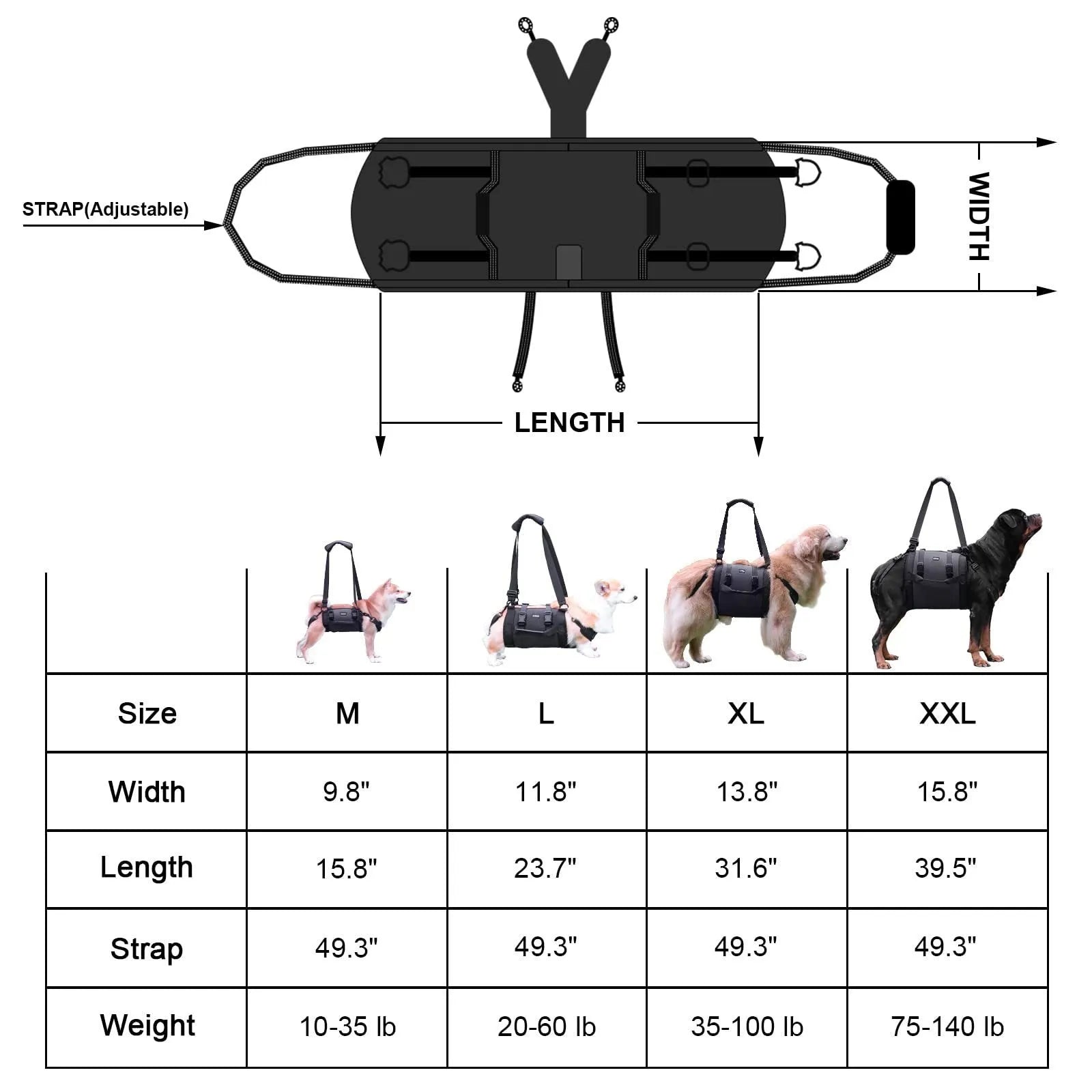 Black Oxford cloth dog harness with adjustable leg support straps for pet rehabilitation in sizes M to XXL