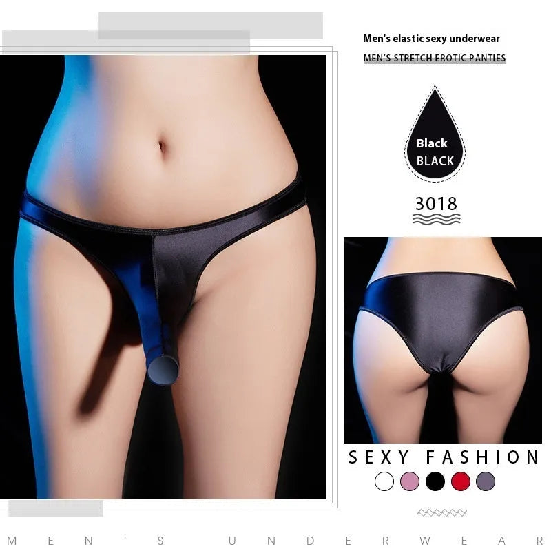 Men's shiny nylon low waist T-back underwear in black, shown from front and back.