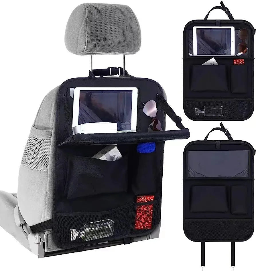 Black oxford cloth car seat back storage organiser with hanging straps, 42x30cm size