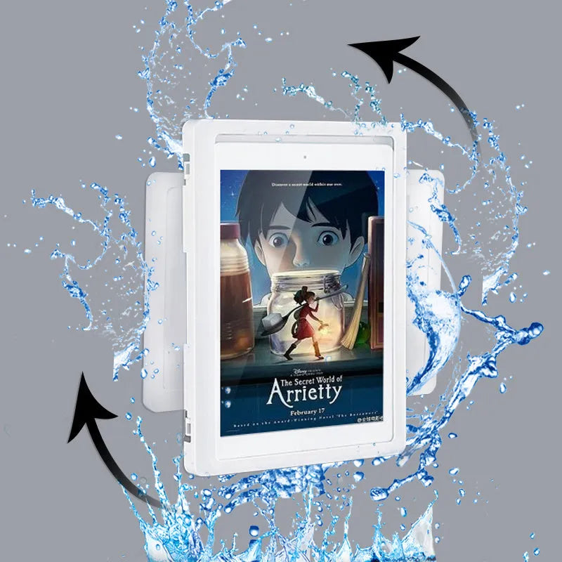 White waterproof phone holder mounted on bathroom tile showing smartphone inside with visible touchscreen