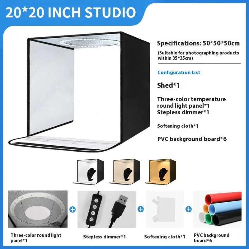50cm studio light box with foldable metal frame and LED lighting panels for product photography