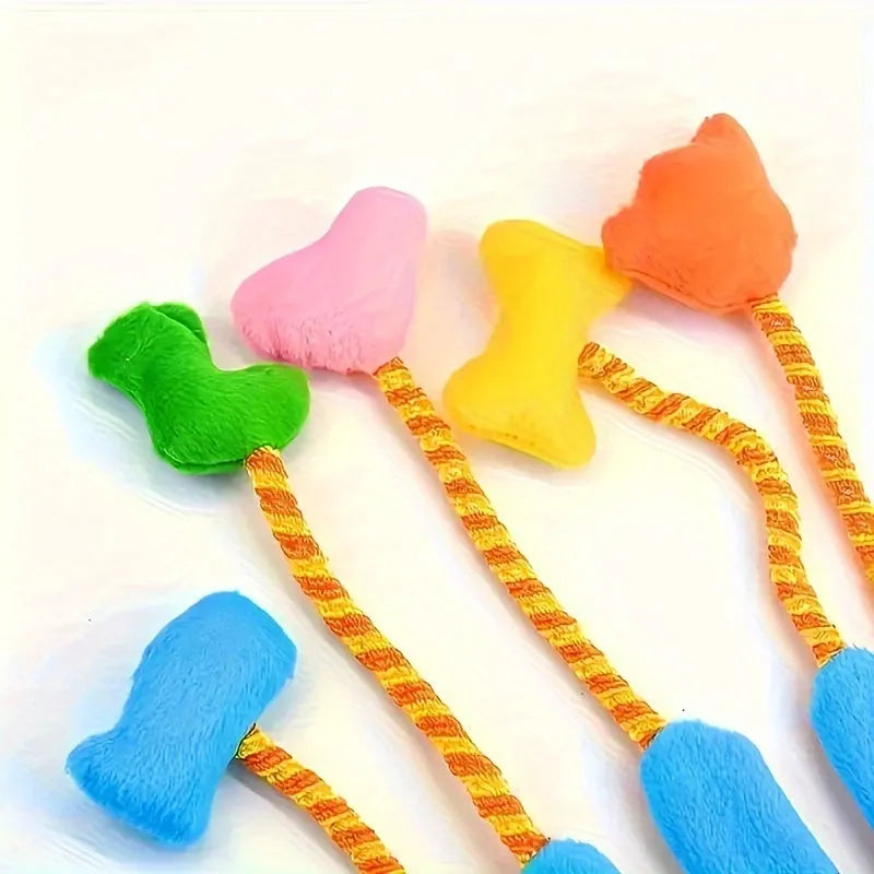 Yellow and blue interactive cat toy with plush glove design and trailing attachments measuring 40cm long