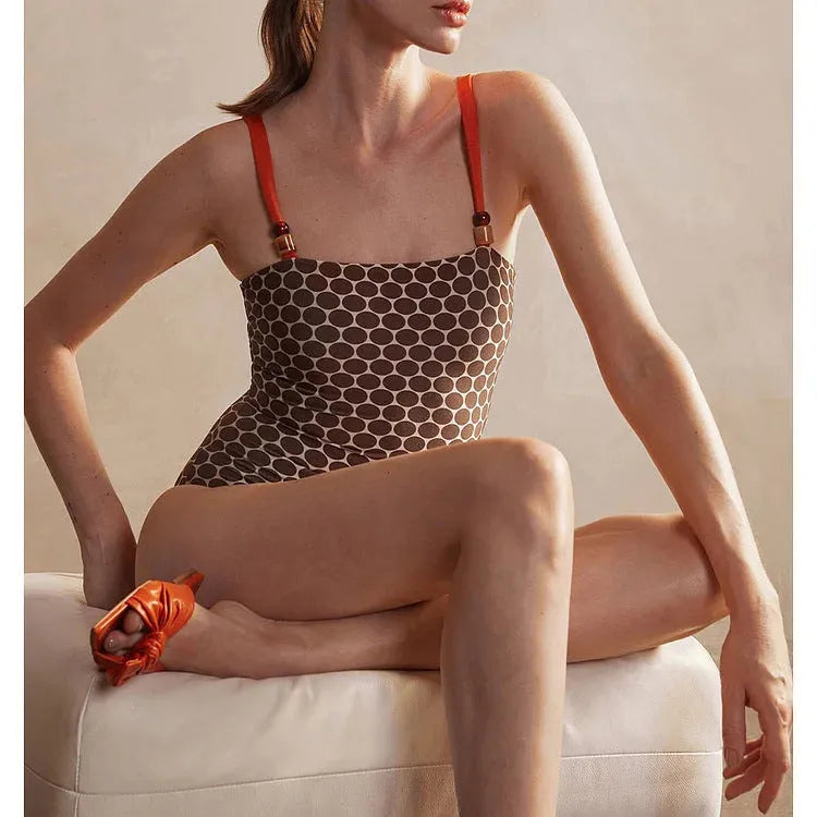 Women's printed dots pattern one-piece swimsuit with matching wrap skirt set