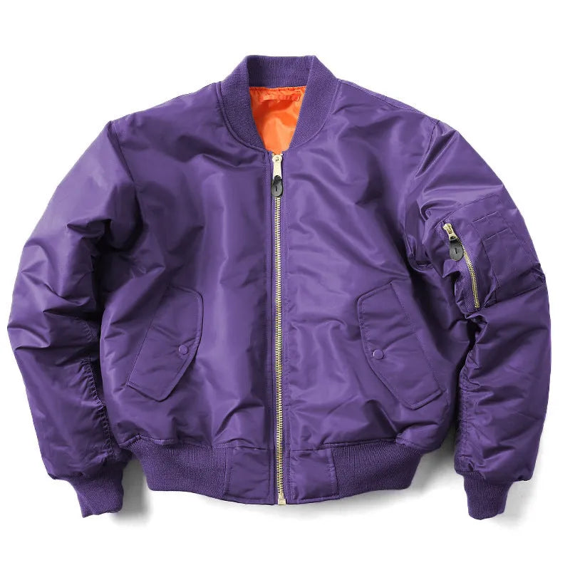 Men's loose fit pilot jacket in army green, showing cotton padding and double-sided nylon construction.