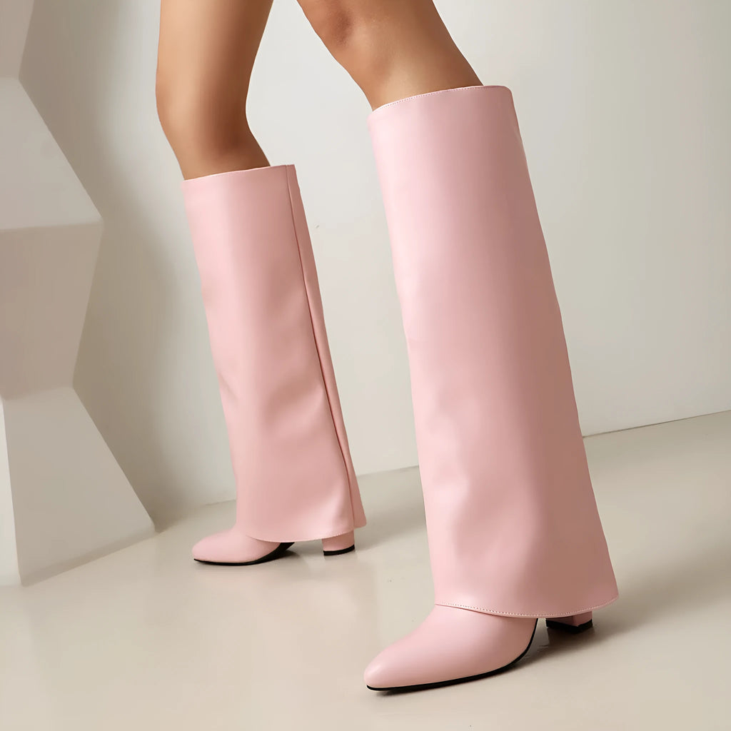 Women's black plus size high-heel winter boots with knee-high shaft and sewn detailing.