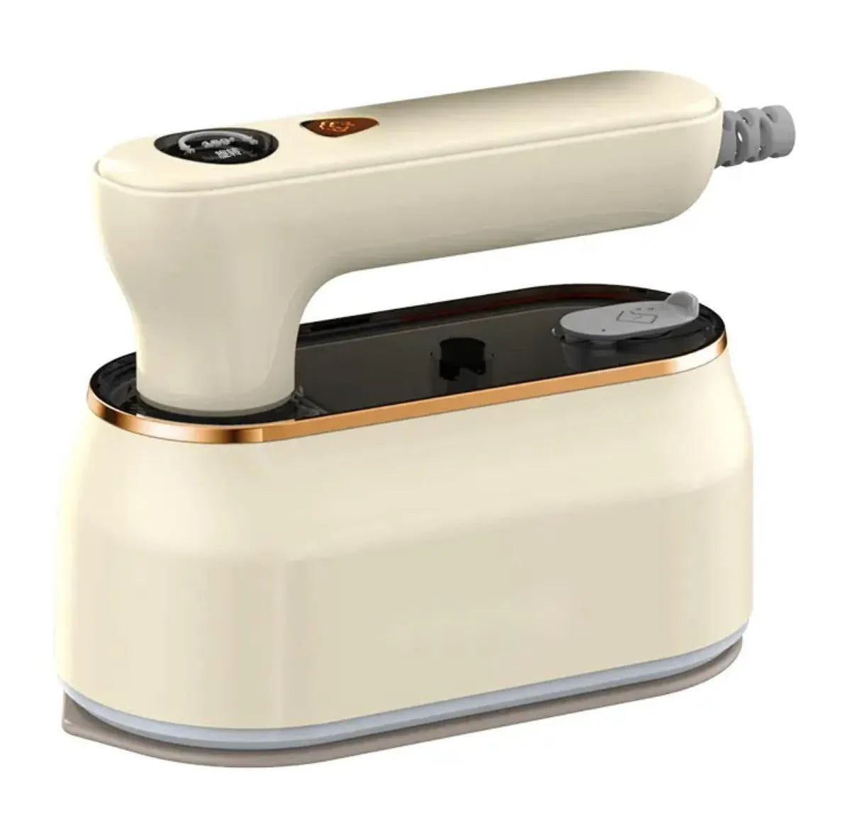 Foldable portable travel iron with ceramic base plate in light purple colour showing dual voltage rating