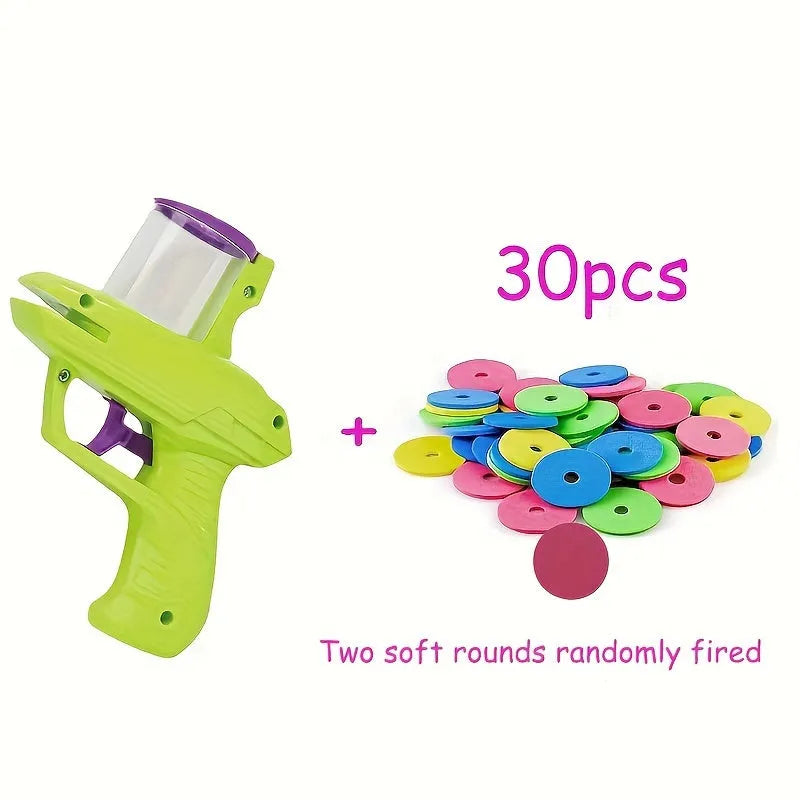 Green battery-free cat toy launcher with foam discs for interactive indoor play