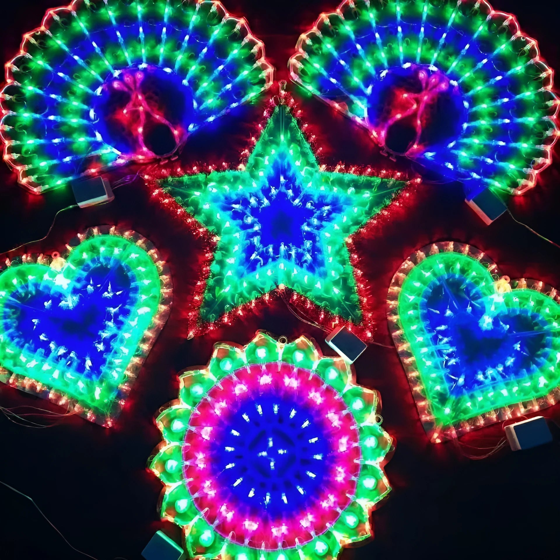 Outdoor Christmas decorative string lights with IP44 rating showing peacock lamp, love heart, sunflower, and five-pointed star light shapes