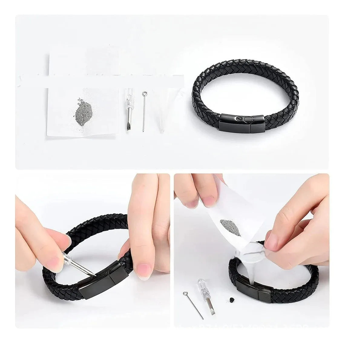 Black woven leather and stainless steel casket bracelet with personalisation for text.