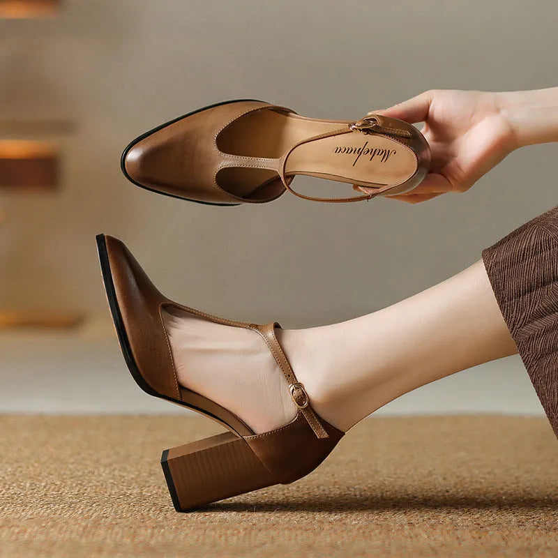Women's pink and dark brown pointed toe Mary Jane shoes with buckle fastening