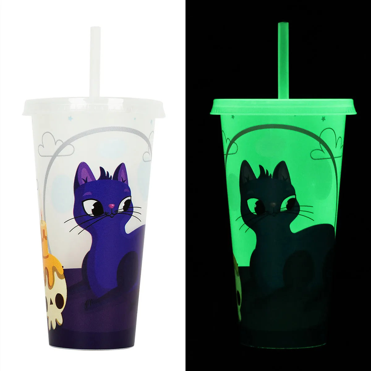 Plastic Halloween sippy cup with luminous straw measuring 17.5cm tall with 720ml capacity