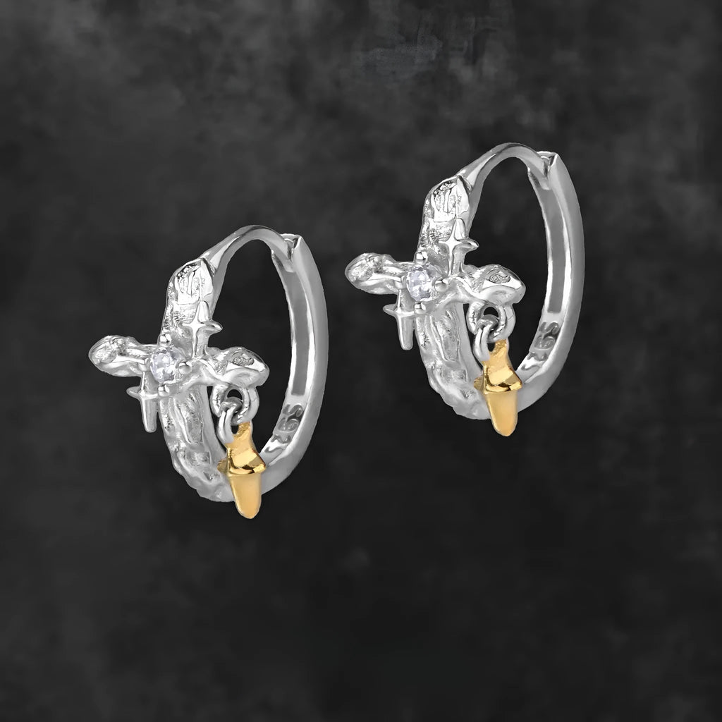 XINGX cross earrings in 925 silver with geometric circular design and white gold colour finish