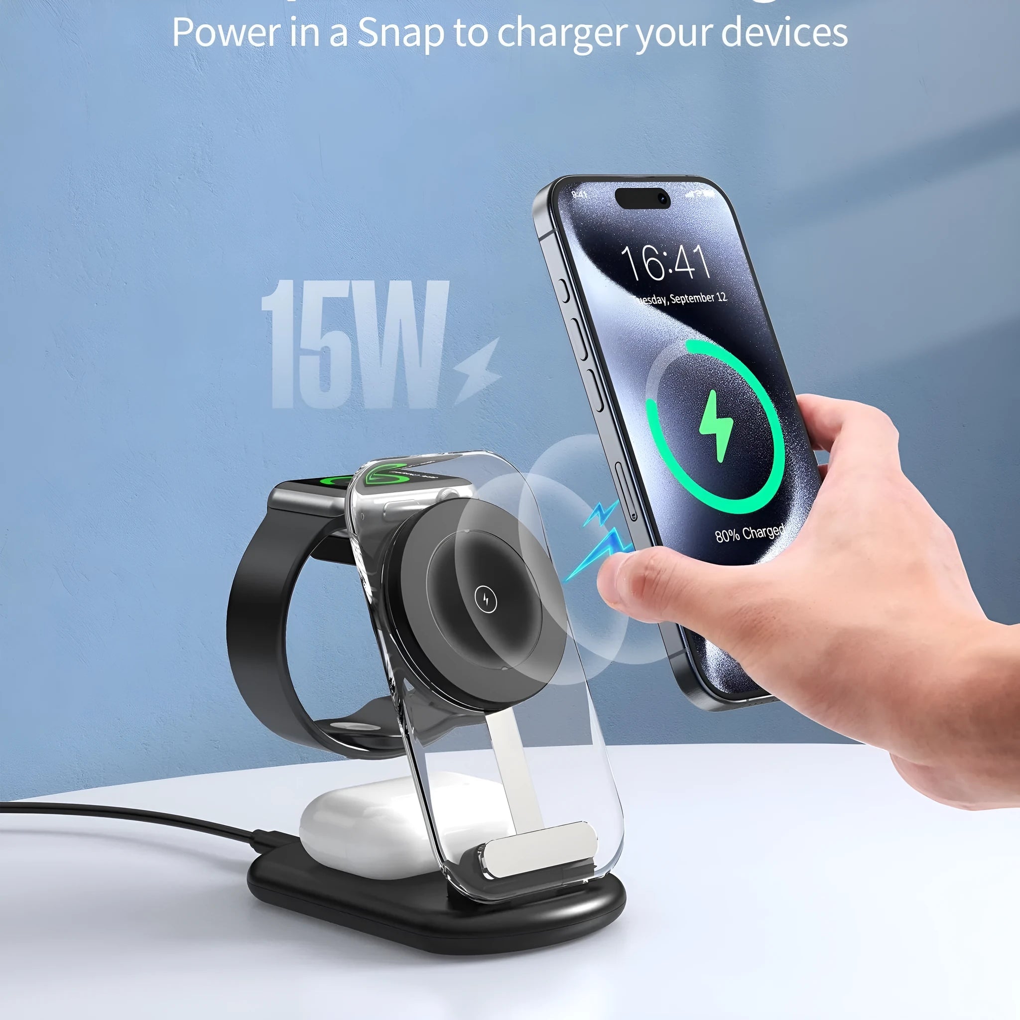Transparent folding magnetic three-in-one wireless charger showing internal components with QC3.0 fast charge support