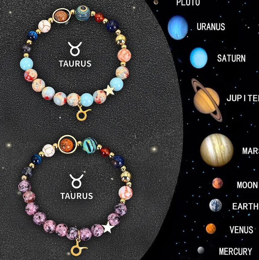 Two natural stone zodiac bracelets showing twelve different astrological styles on a neutral background