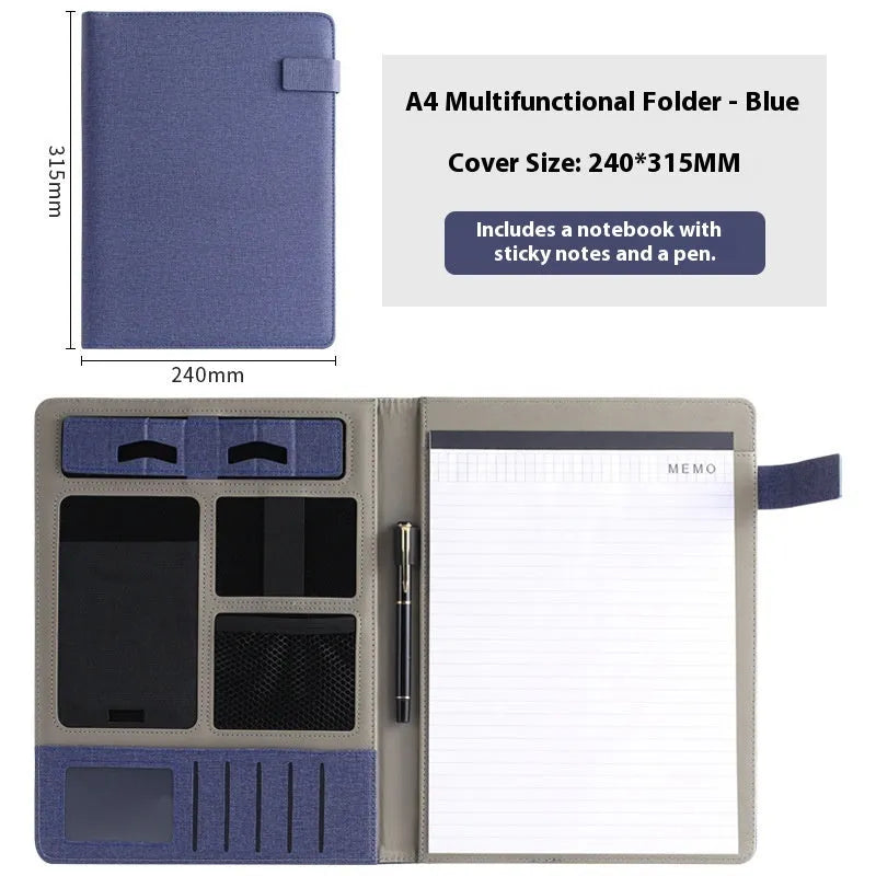 A4 leather business folder in black colour showing document storage and pen holder