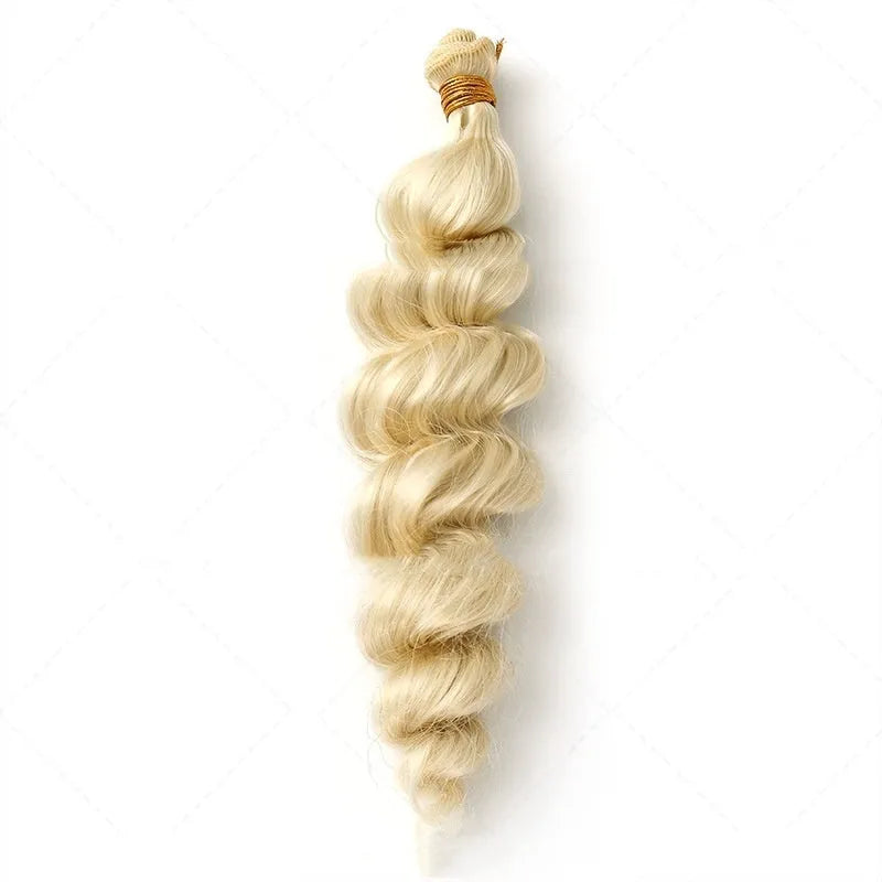Golden synthetic high temperature fibre hair weft wig for ladies, shown in 18, 20, and 22 inch lengths.