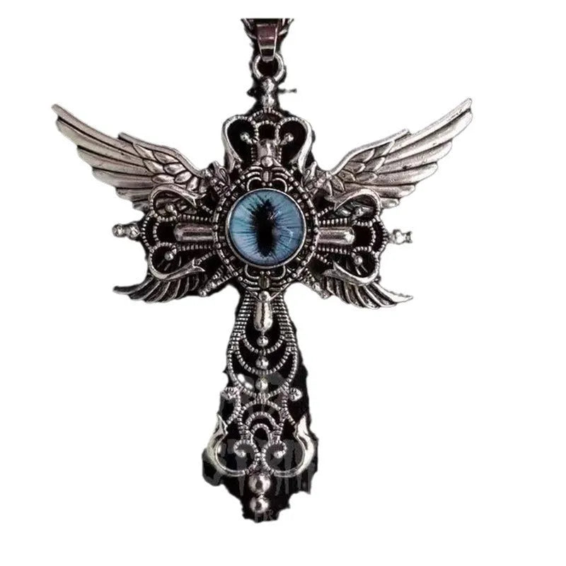 Alloy devil wings and cross geometric pendant necklace on a chain.