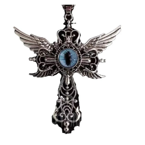 Alloy devil wings and cross geometric pendant necklace on a chain.