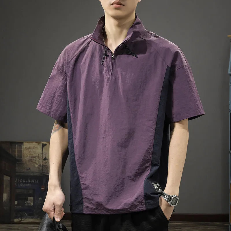 Men's brown and purple half-zip stand collar short sleeve shirt in ice silk fabric with loose fit summer design