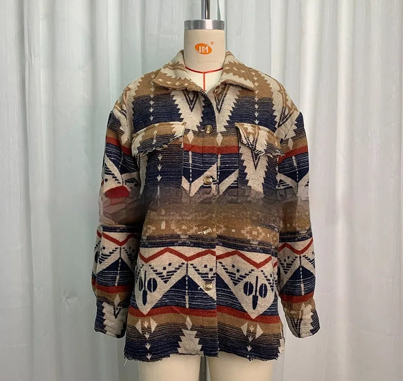 Women's loose fit retro jacket with Aztec pattern in Army Green, woolen fabric with long sleeves
