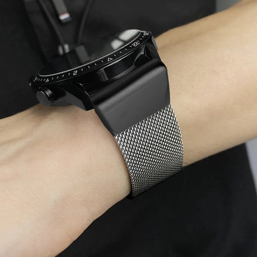 Stainless steel smartwatch strap for Garmin Fenix models in silver, black, gold, and rose gold colours