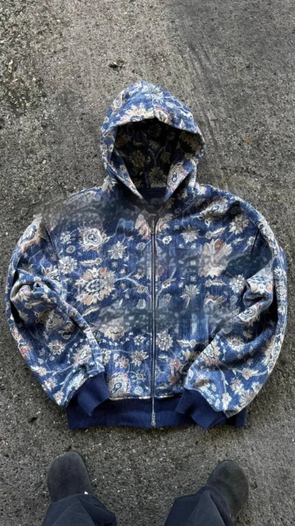 Men's blue loose hooded zip coat with digital printing showing front view