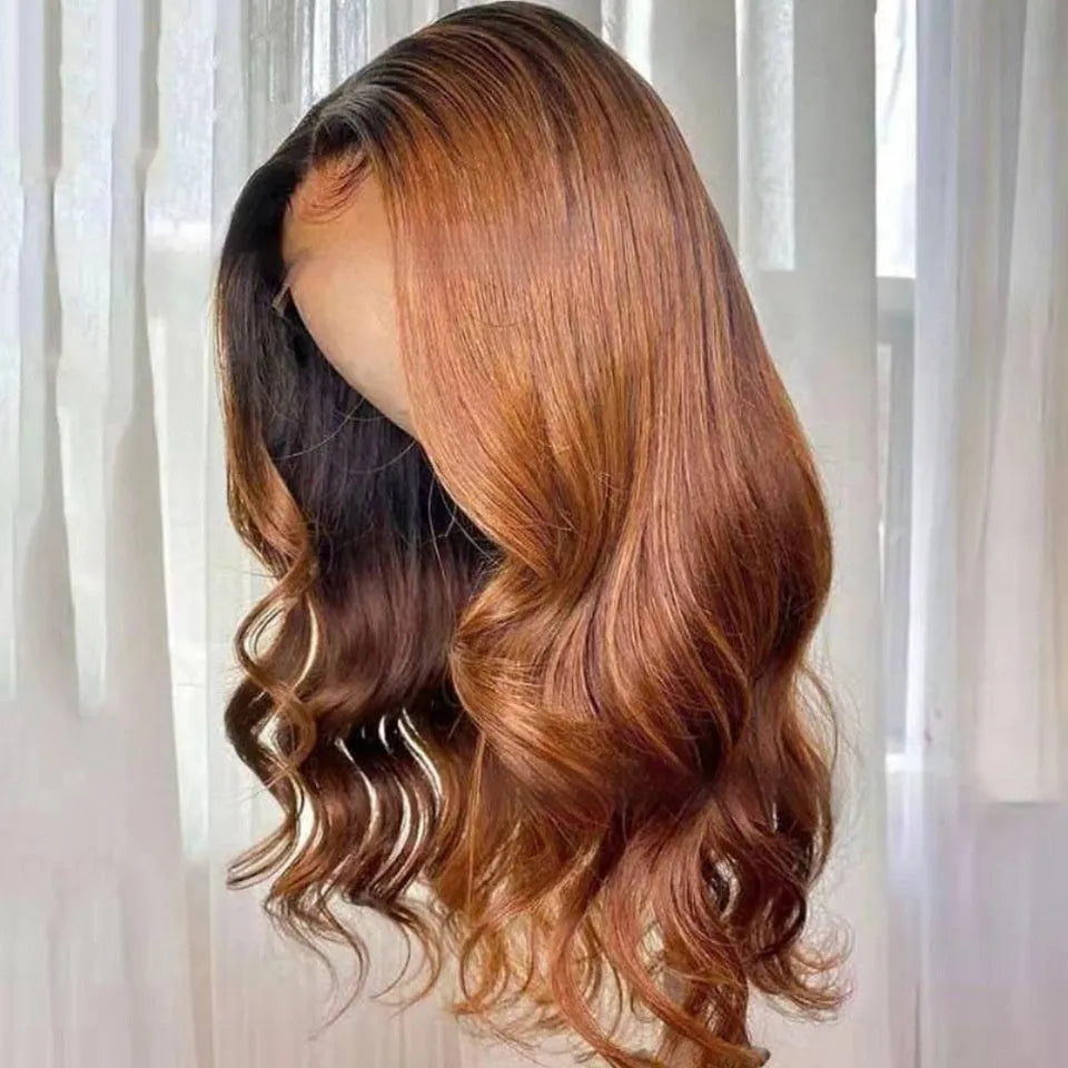 Real human hair Ruili style gradient wig on a stand, showcasing lace front cap construction.