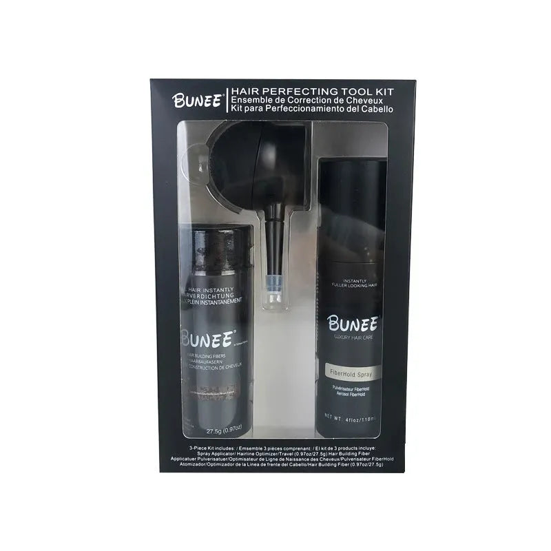 Hair fibre powder kit with 275g canister, styling spray bottle, and applicator nozzle for thinning hair.