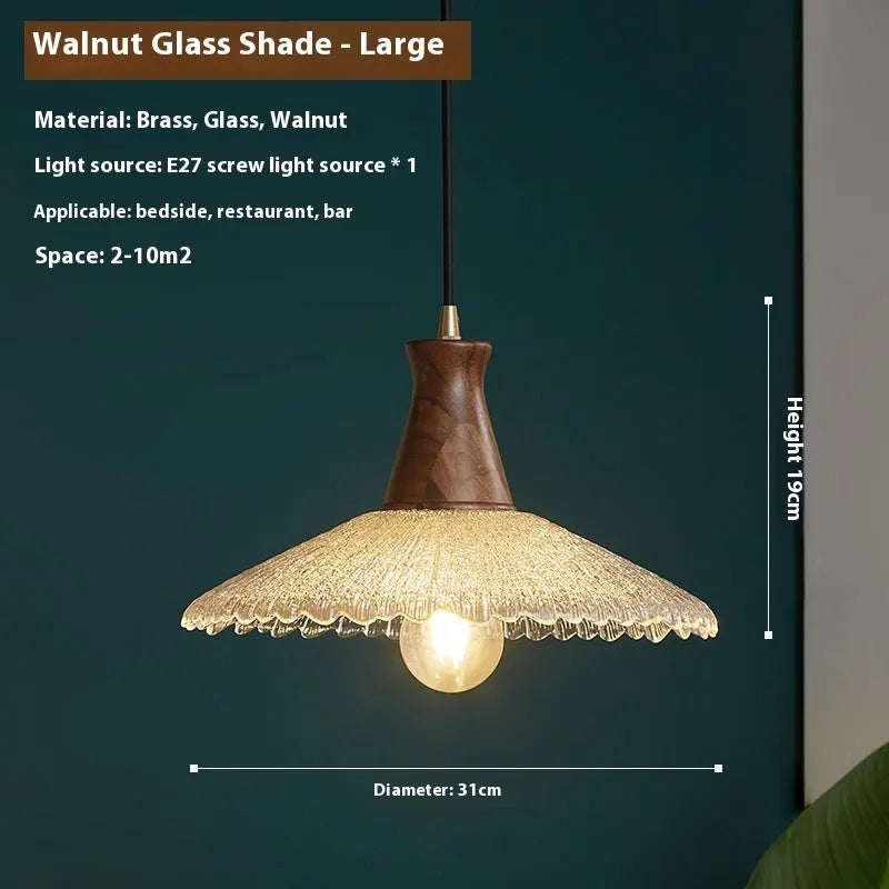 Retro wood and glass chandelier with brass finish in three size options