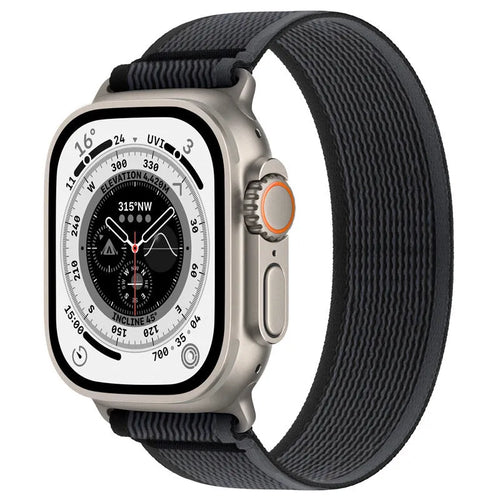 Black nylon Apple Watch band with integrated ring closure on a 44mm watch case.