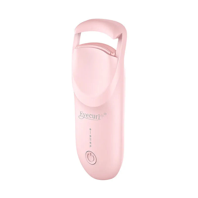 Plastic electric heating eyelash curler with USB cable in cream white, pink, or apricot.