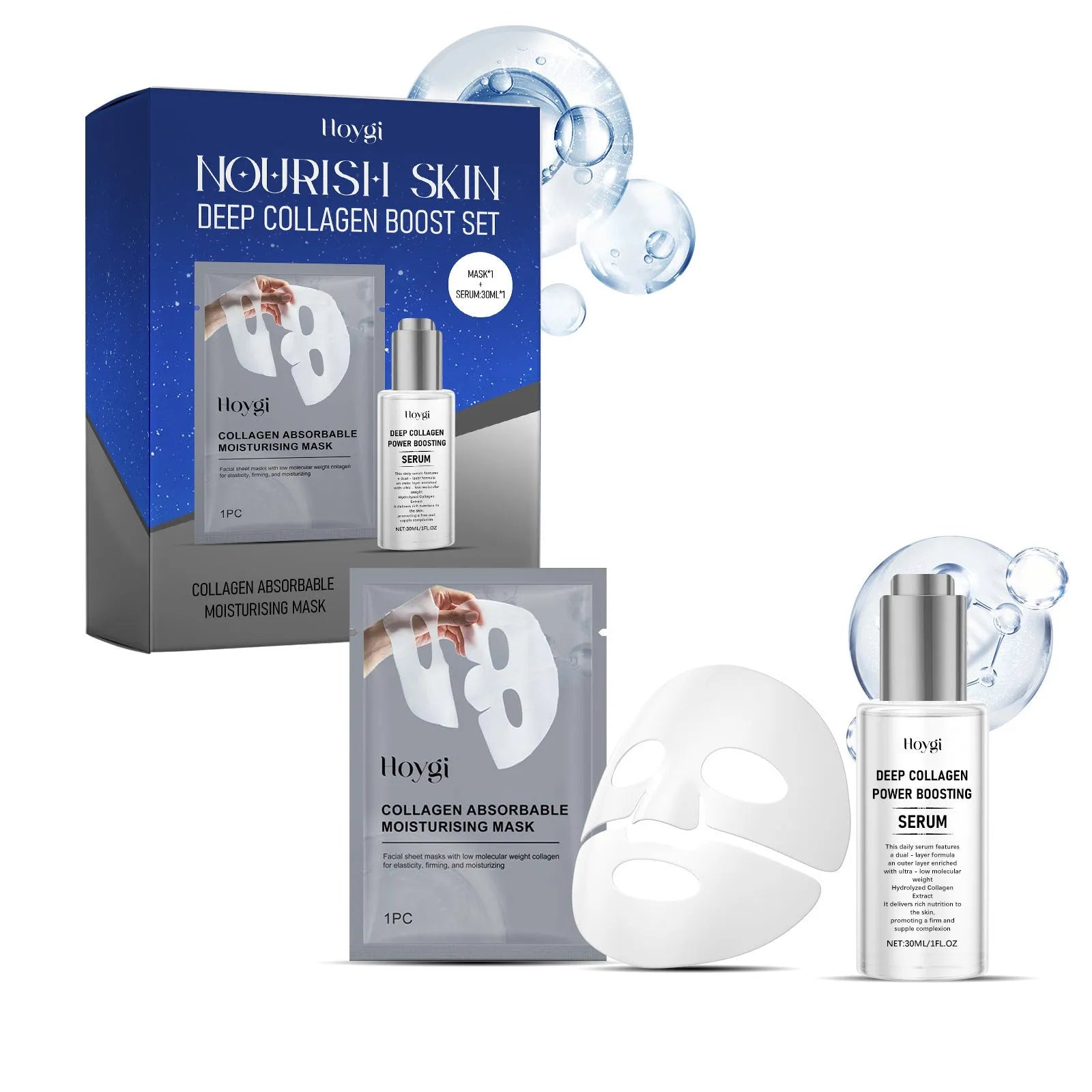 Collagen moisturising sheet mask and 30ml essence bottle skincare set