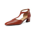 French retro square toe chunky heel shoes in wine red sheepskin leather with buckle fastening