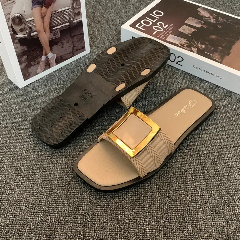 Women's casual flat slippers in apricot colour with a lightweight PVC sole.