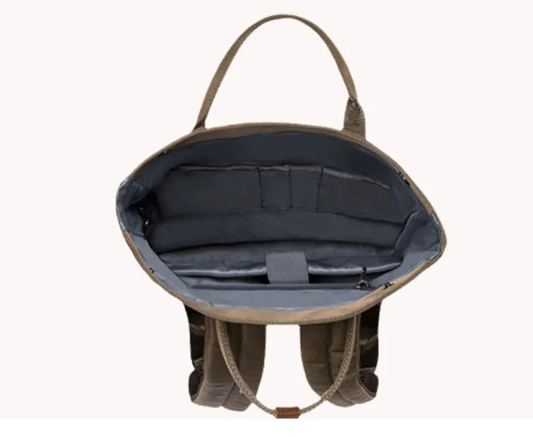 Men's casual black polyester backpack showing cover opening and internal laptop pocket.