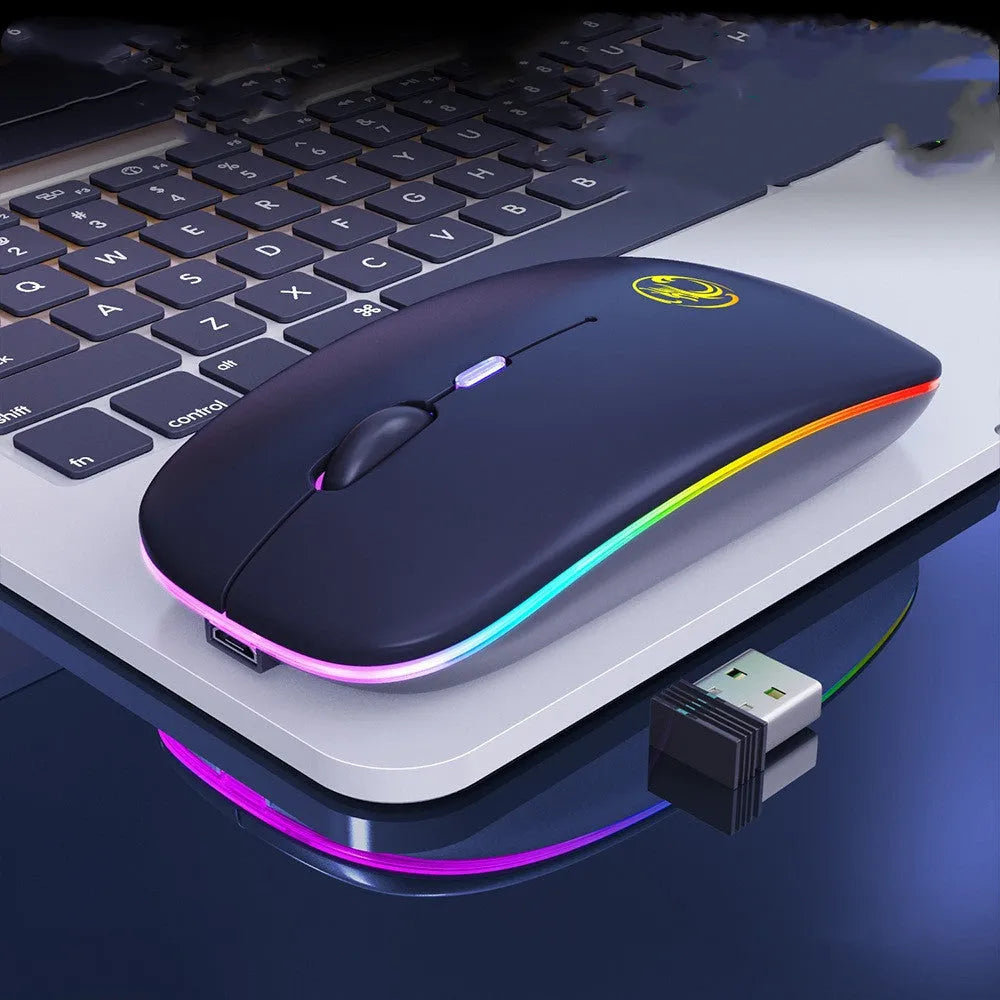 Black and white luminous wireless mouse with blue glowing scroll wheel indicating low battery