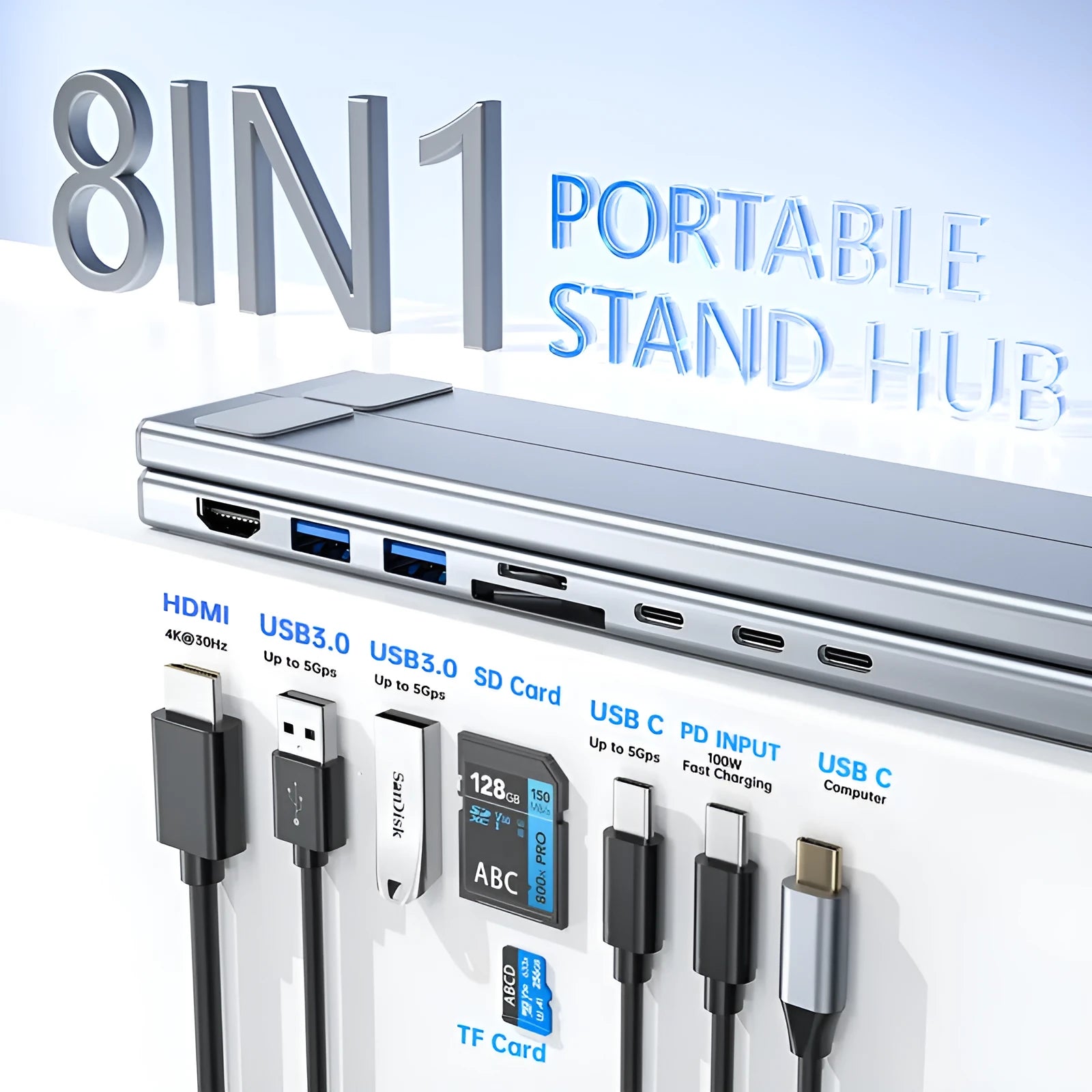 Aluminium alloy folding laptop docking station stand in 8-in-1 and 5-in-1 styles with HDMI port.
