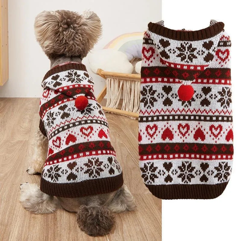 Striped camouflage dog sweater with snowflake motifs in pink acrylic knit for small breeds