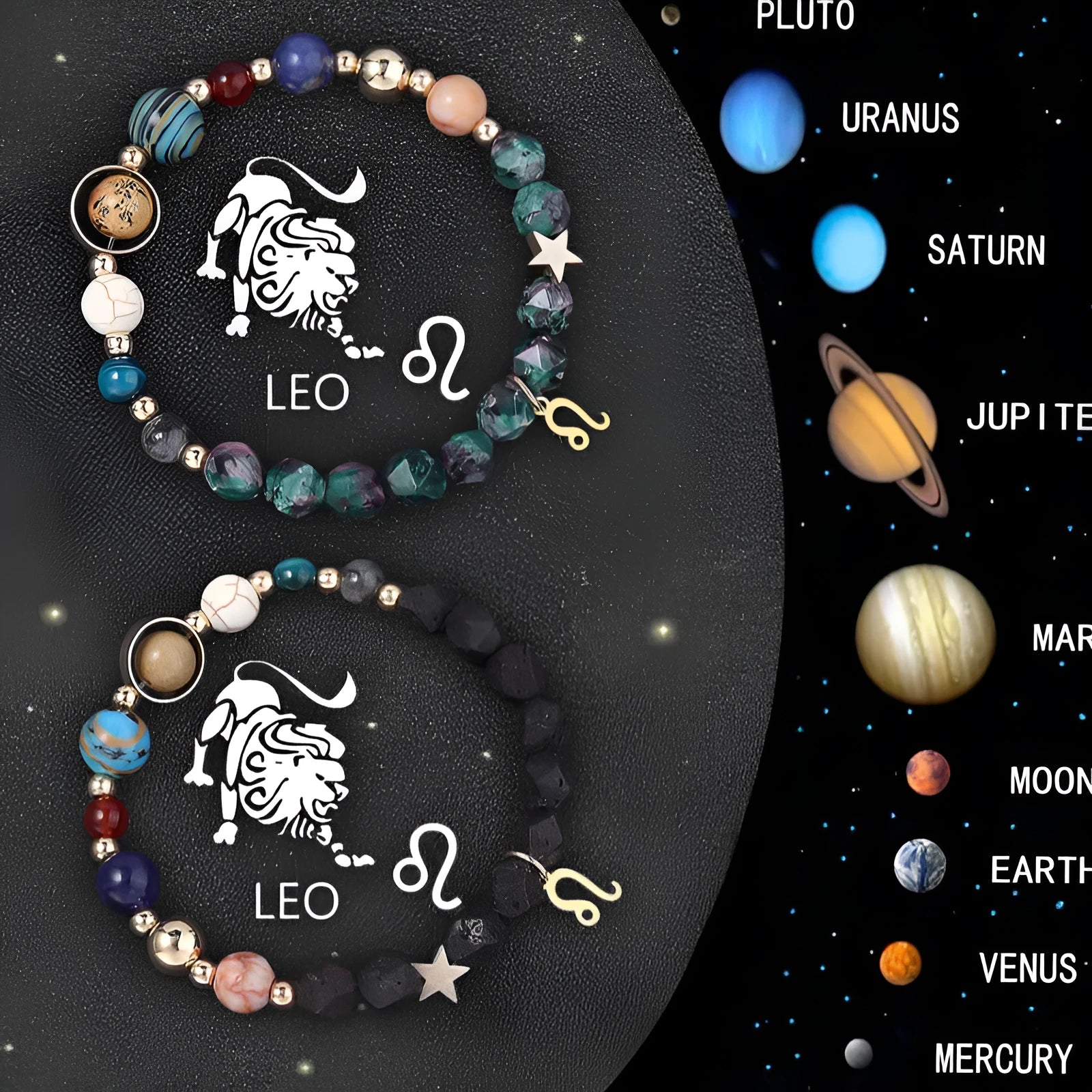 Two natural stone beaded bracelets with zodiac sign charms, representing a 12-style astrology set.