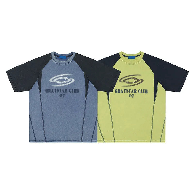 Men's blue hip hop letter print cotton t-shirt with raglan sleeves