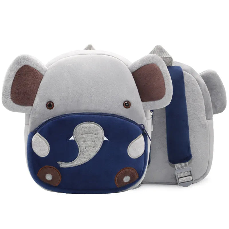 Soft plush children's backpack with cartoon animal design, showing zippered main compartment.